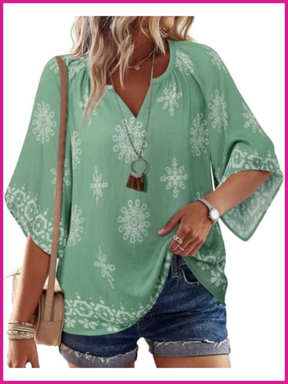 Boho Peasant Blouse 3/4 Bell Sleeve V Neck Loose Tunic Top